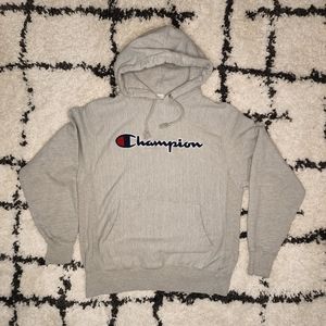 Champion Reverse Weave Hoodie Sweatshirt Gray Script Logo Spell Out 90s